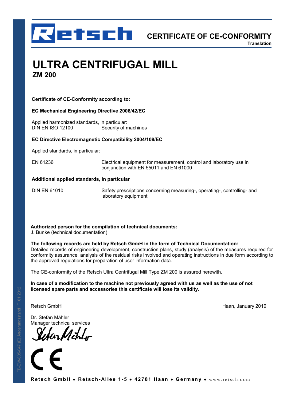 Ultra centrifugal mill, Certificate of ce-conformity, Zm 200 | Retsch ZM 200 User Manual | Page 29 / 32