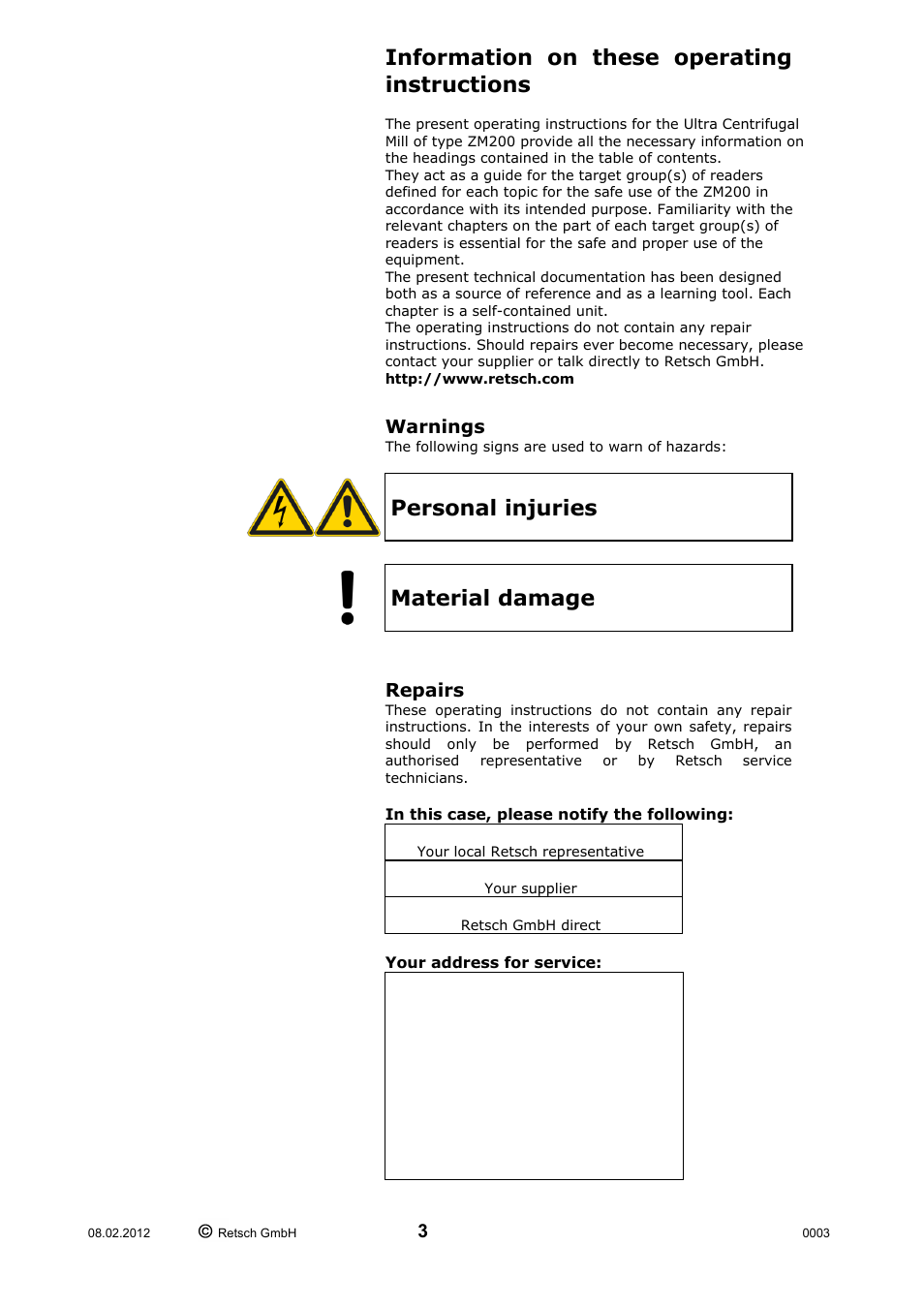 Information on these operating instructions, Warnings repairs, Personal injuries | Material damage | Retsch ZM 200 User Manual | Page 3 / 32