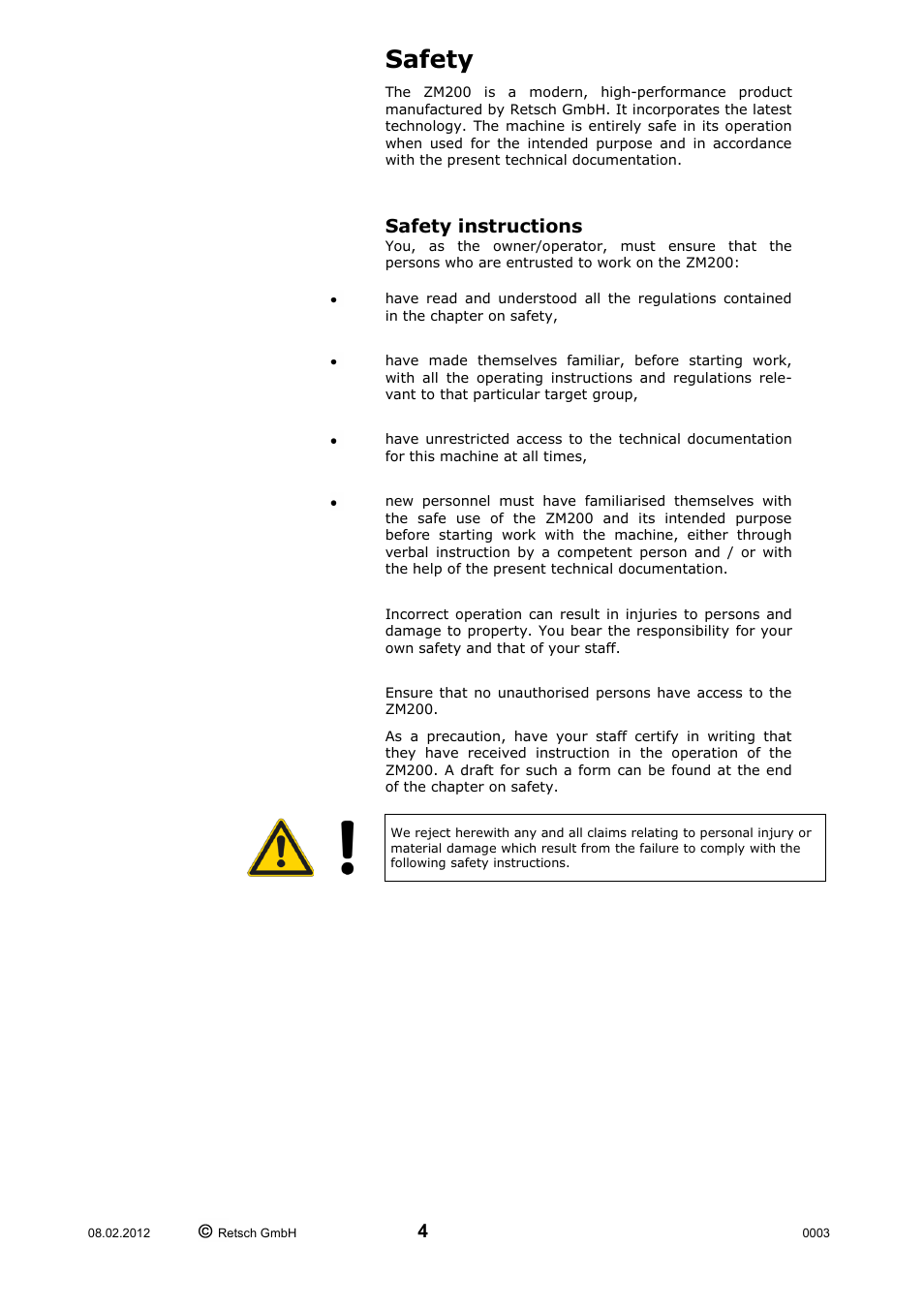 Safety, Safety instructions | Retsch ZM 200 User Manual | Page 4 / 32