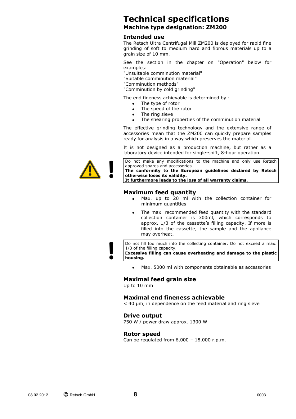 Technical specifications | Retsch ZM 200 User Manual | Page 8 / 32