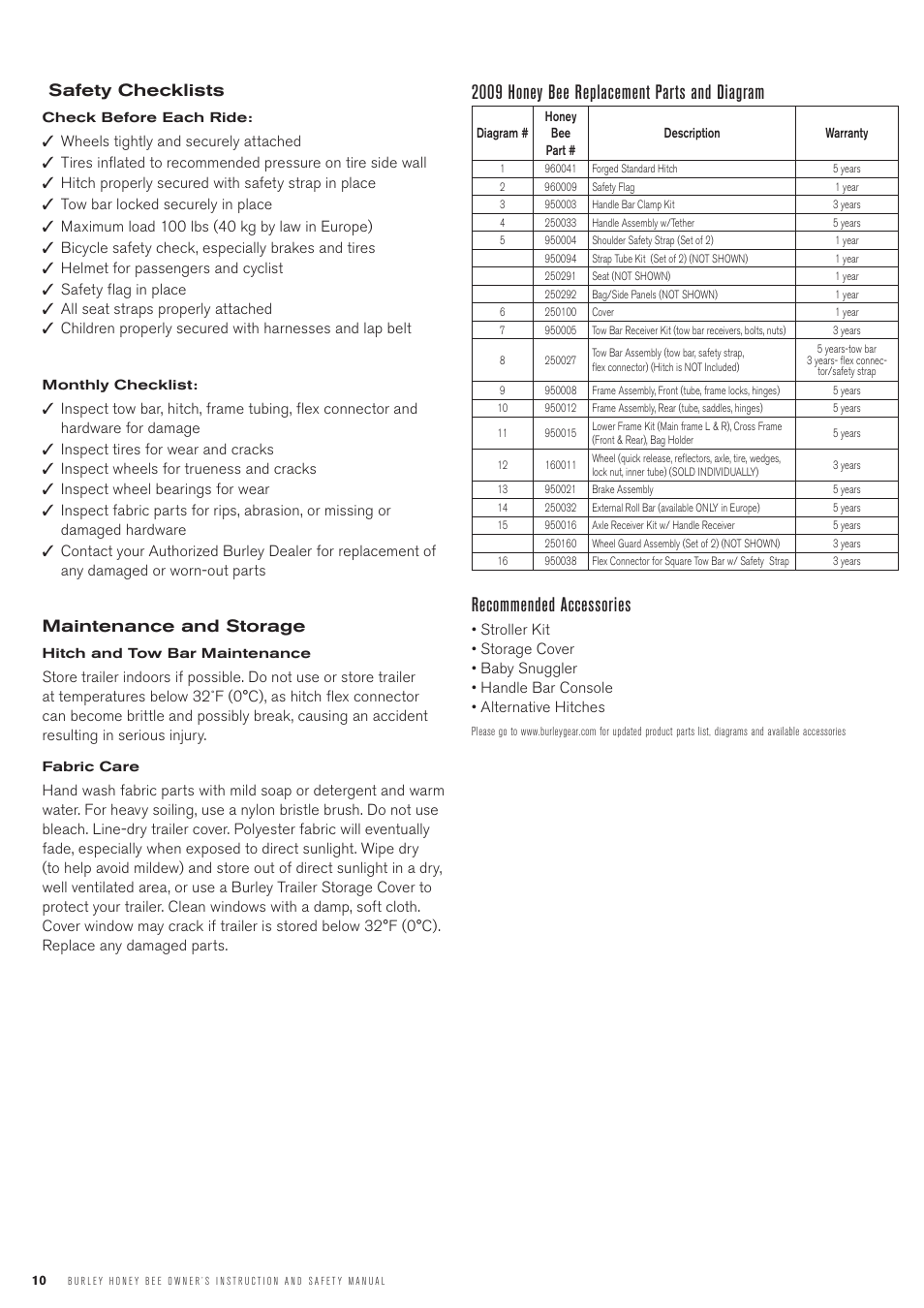 Safety checklists, Maintenance and storage | Burley Honey Bee User Manual | Page 10 / 12