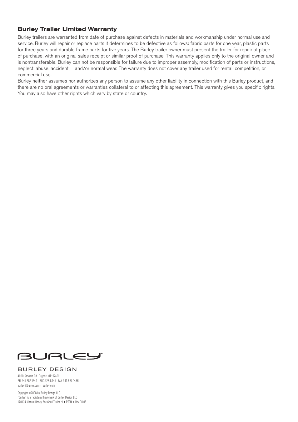 Burley trailer limited warranty | Burley Honey Bee User Manual | Page 12 / 12