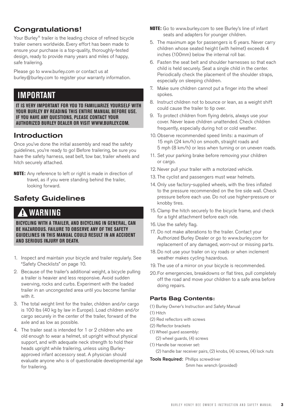 Important, Warning, Introduction | Safety guidelines | Burley Honey Bee User Manual | Page 3 / 12