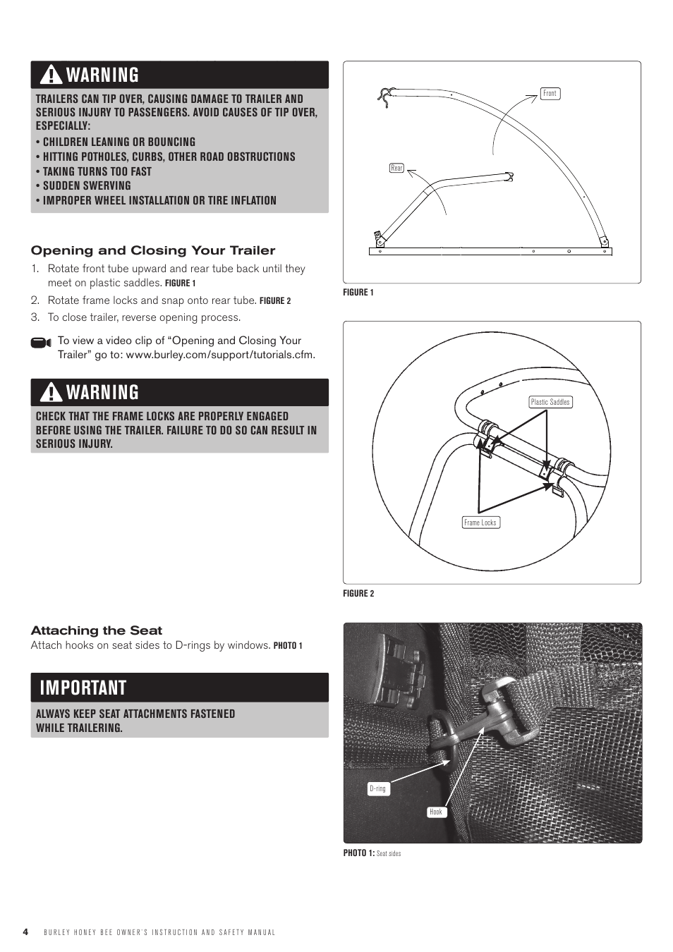 Warning important, Warning | Burley Honey Bee User Manual | Page 4 / 12