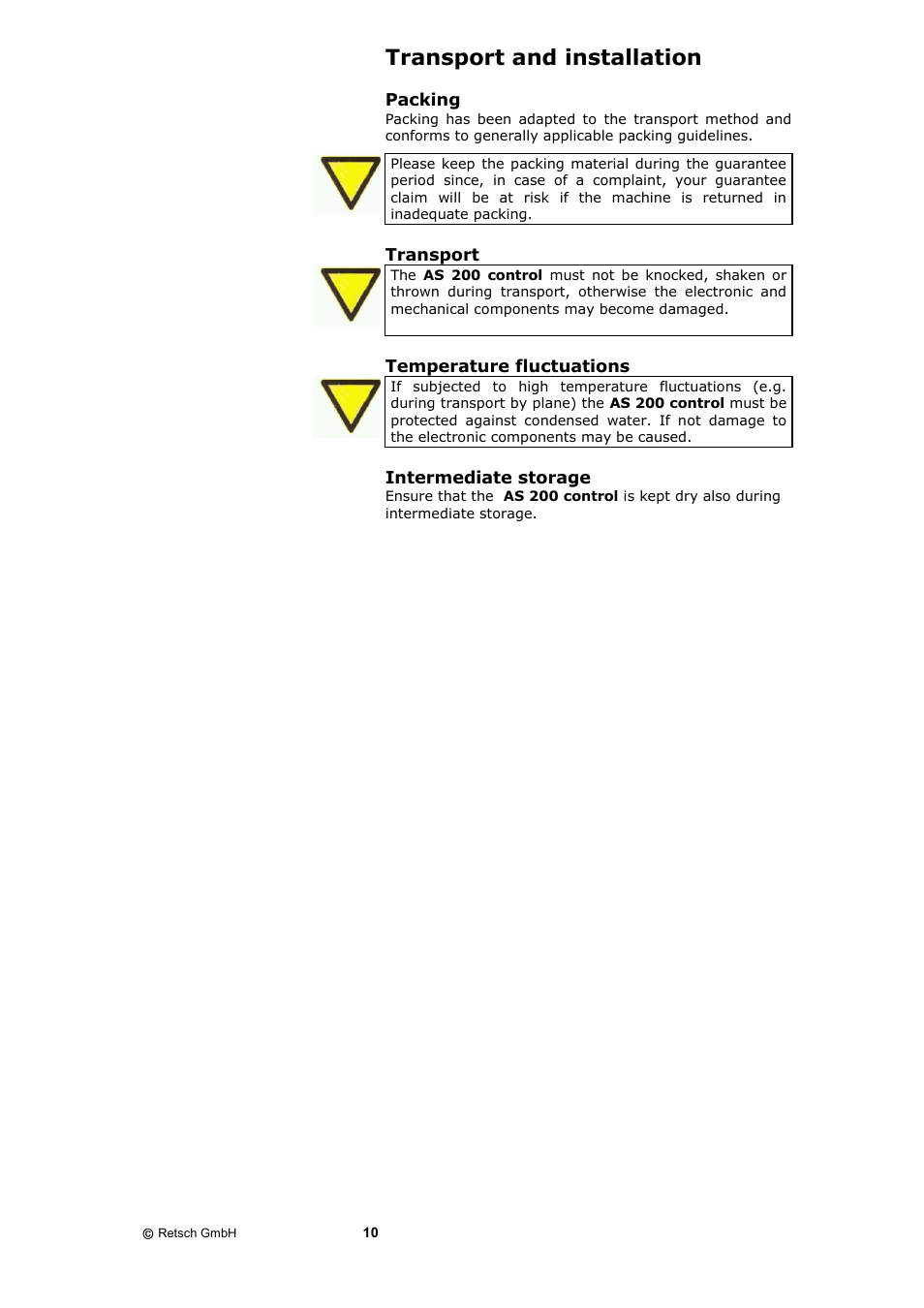 Transport and installation | Retsch AS 200 control - natural frequency User Manual | Page 10 / 32