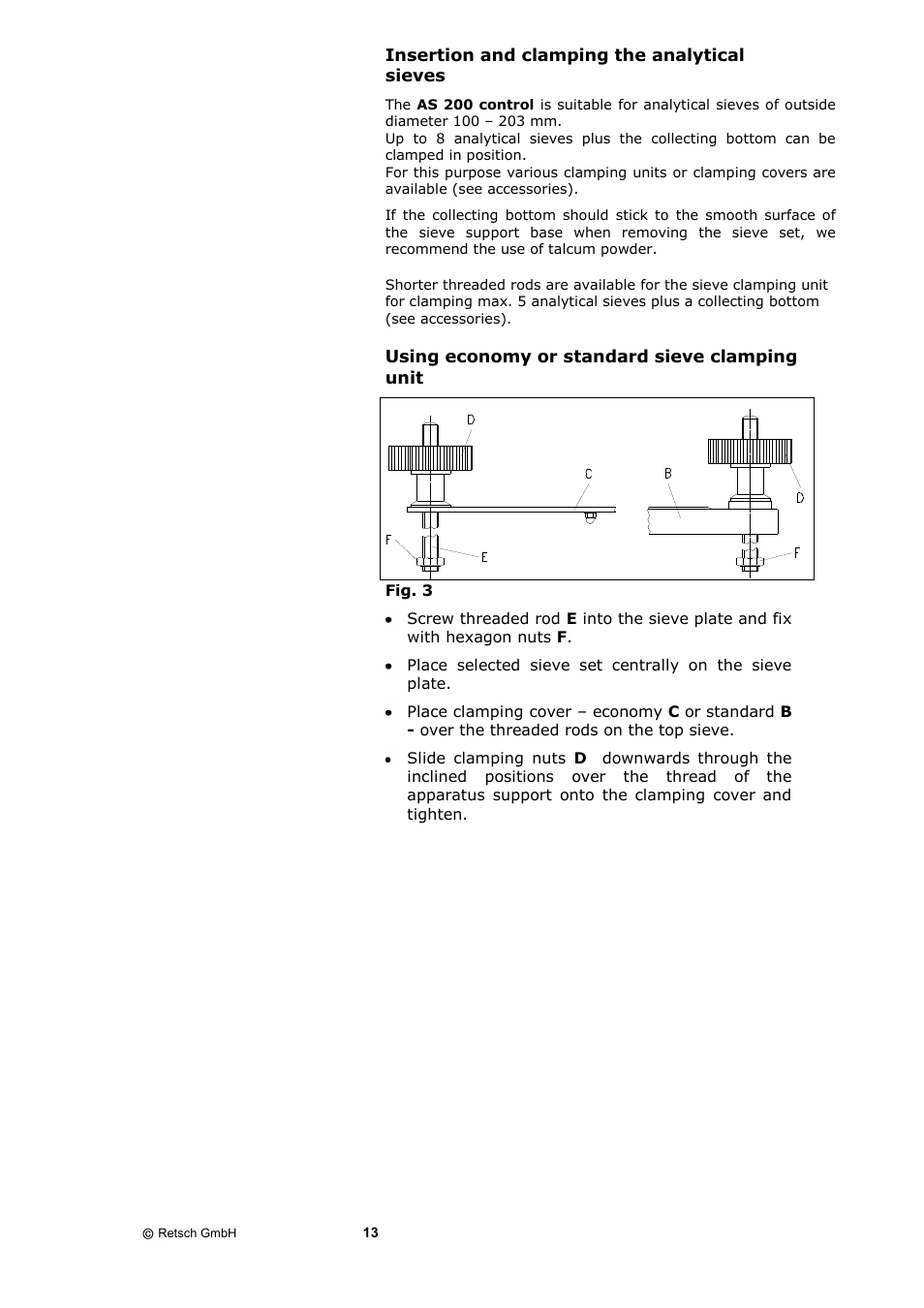 Insertion and clamping the analytical sieves | Retsch AS 200 control - natural frequency User Manual | Page 13 / 32