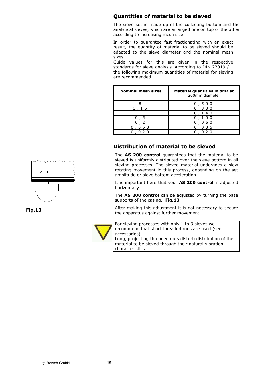 Quantities of material to be sieved, Distribution of material to be sieved | Retsch AS 200 control - natural frequency User Manual | Page 19 / 32