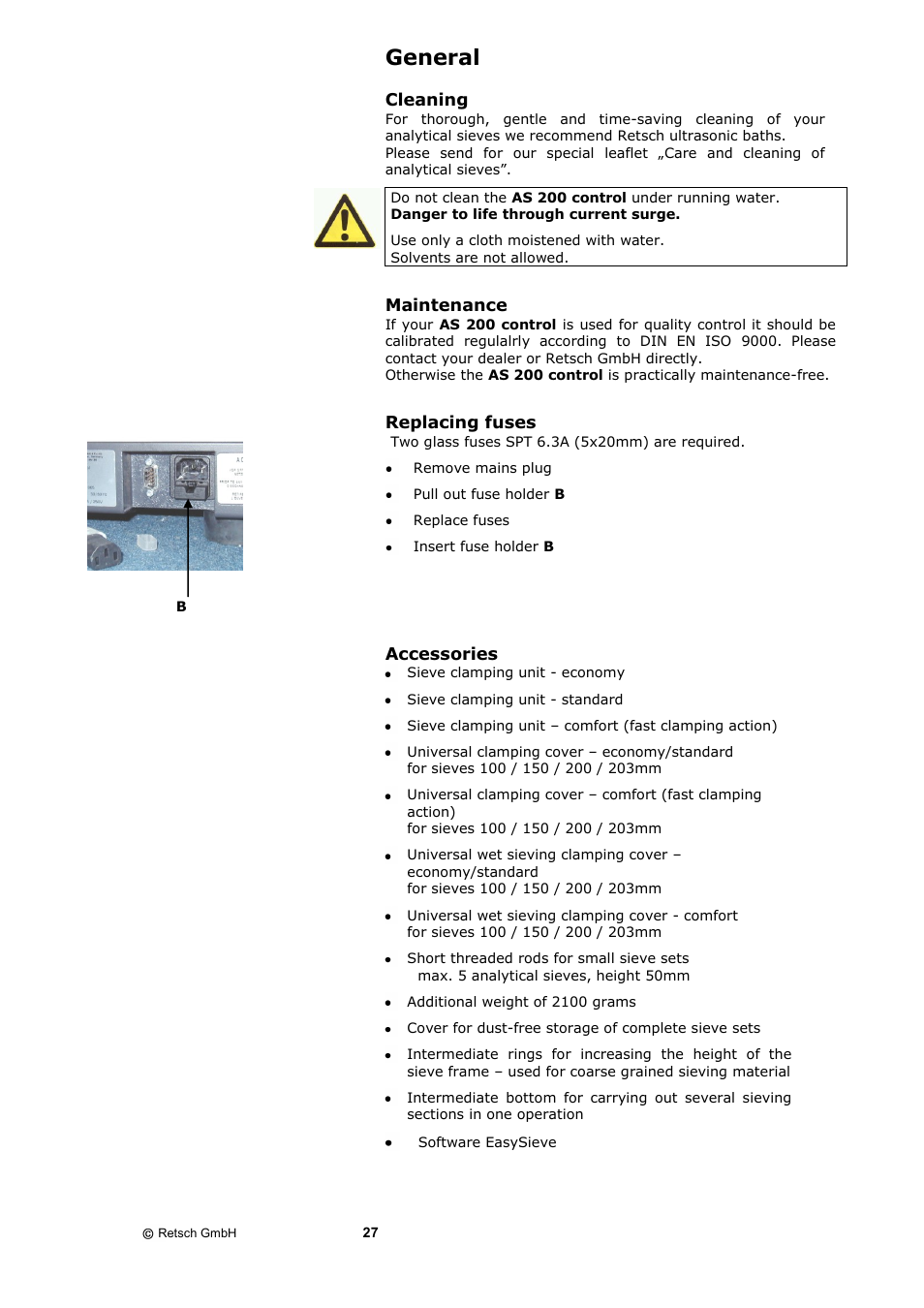 General, Cleaning maintenance replacing fuses accessories | Retsch AS 200 control - natural frequency User Manual | Page 27 / 32