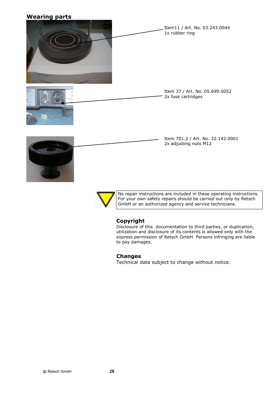 Wearing parts, Copyright changes | Retsch AS 200 control - natural frequency User Manual | Page 28 / 32