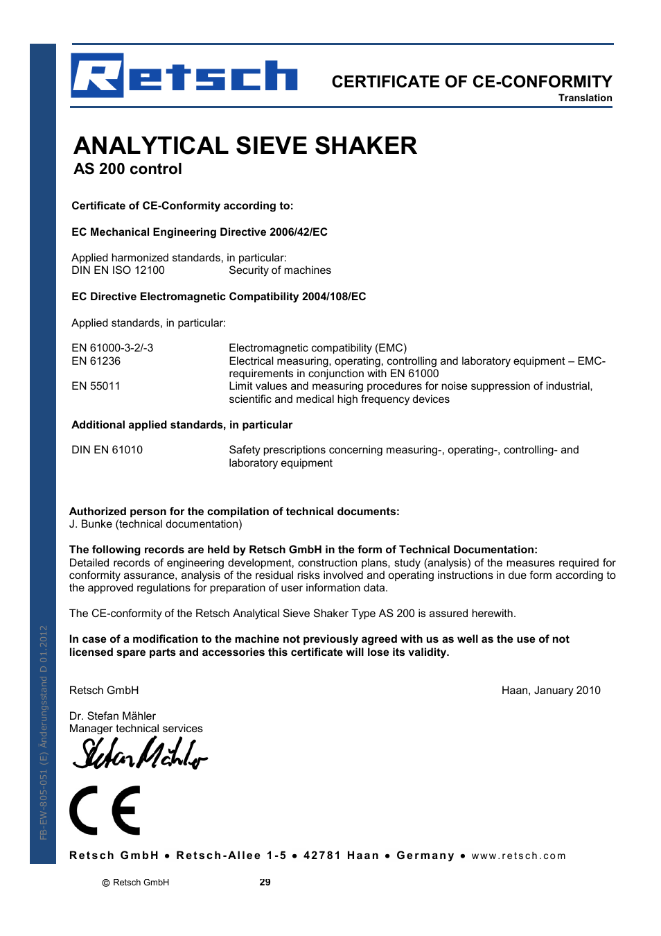 Analytical sieve shaker, Certificate of ce-conformity, As 200 control | Retsch AS 200 control - natural frequency User Manual | Page 29 / 32
