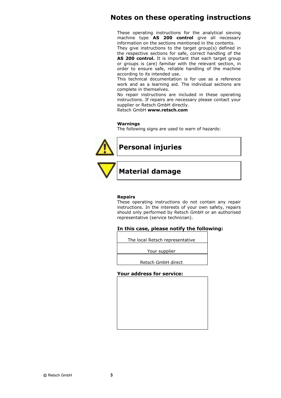 Notes on these operating instructions, Warnings repairs, Personal injuries | Material damage | Retsch AS 200 control - natural frequency User Manual | Page 3 / 32