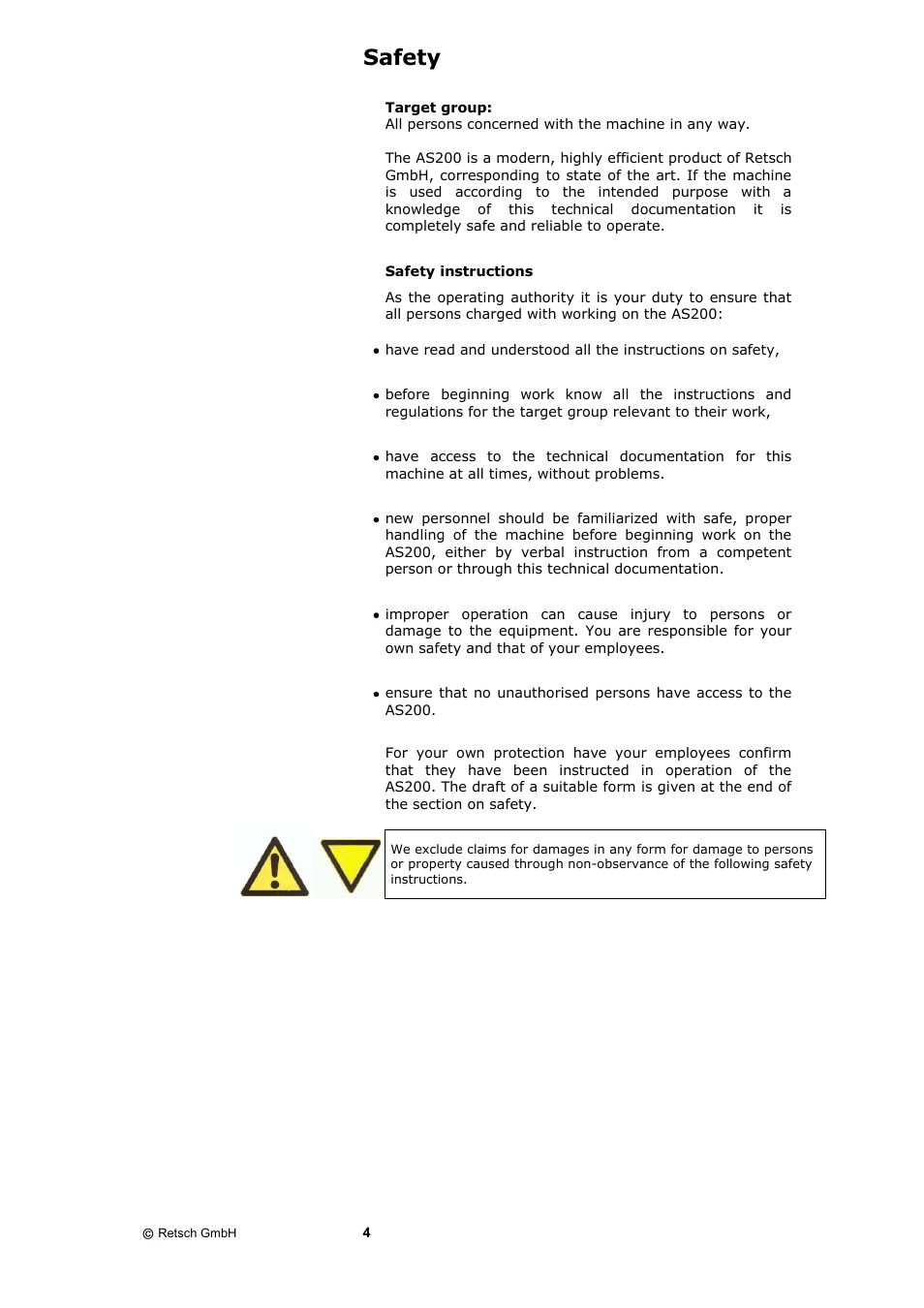 Safety, Safety instructions | Retsch AS 200 control - natural frequency User Manual | Page 4 / 32