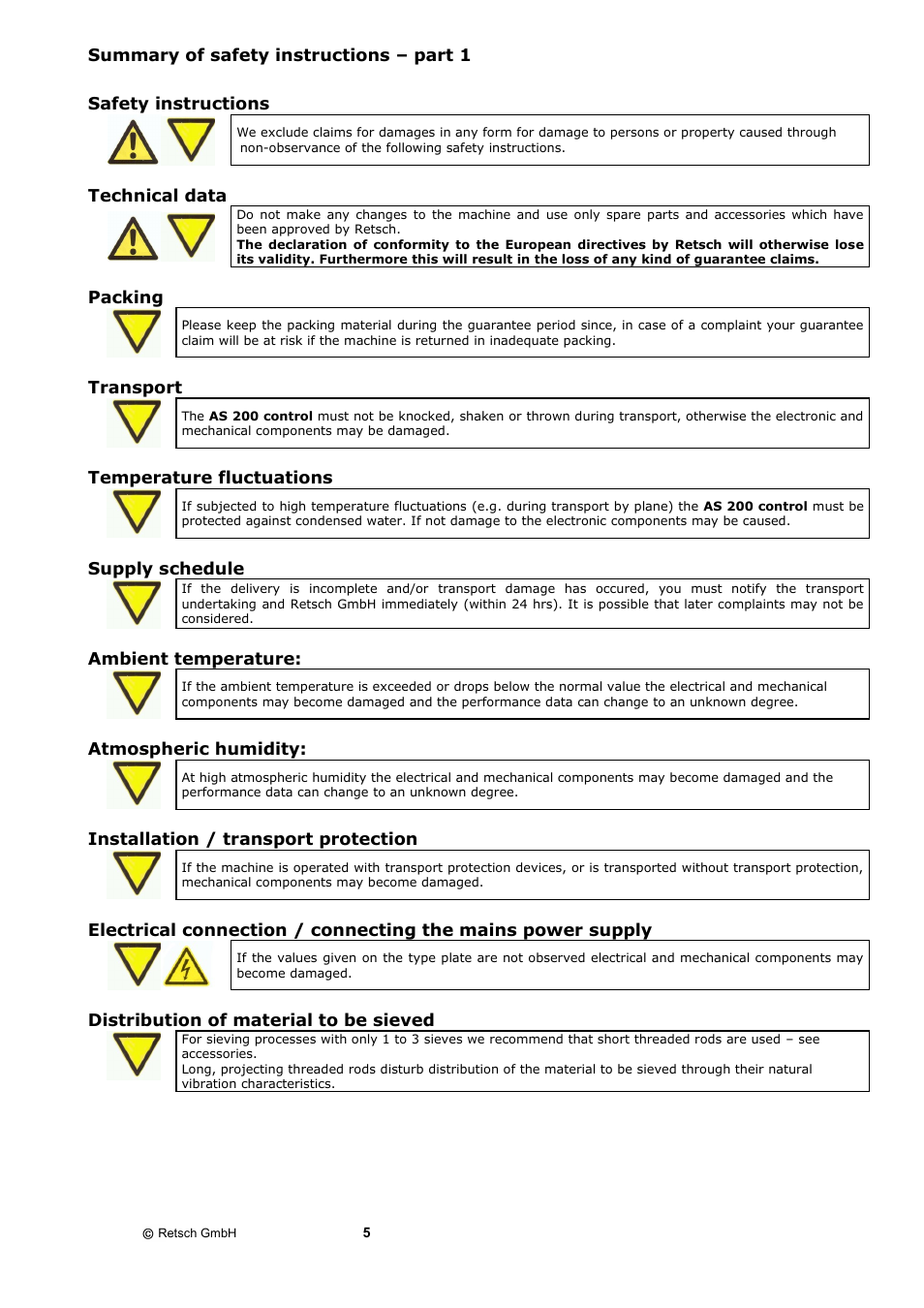 Summary of safety instructions – part 1 | Retsch AS 200 control - natural frequency User Manual | Page 5 / 32