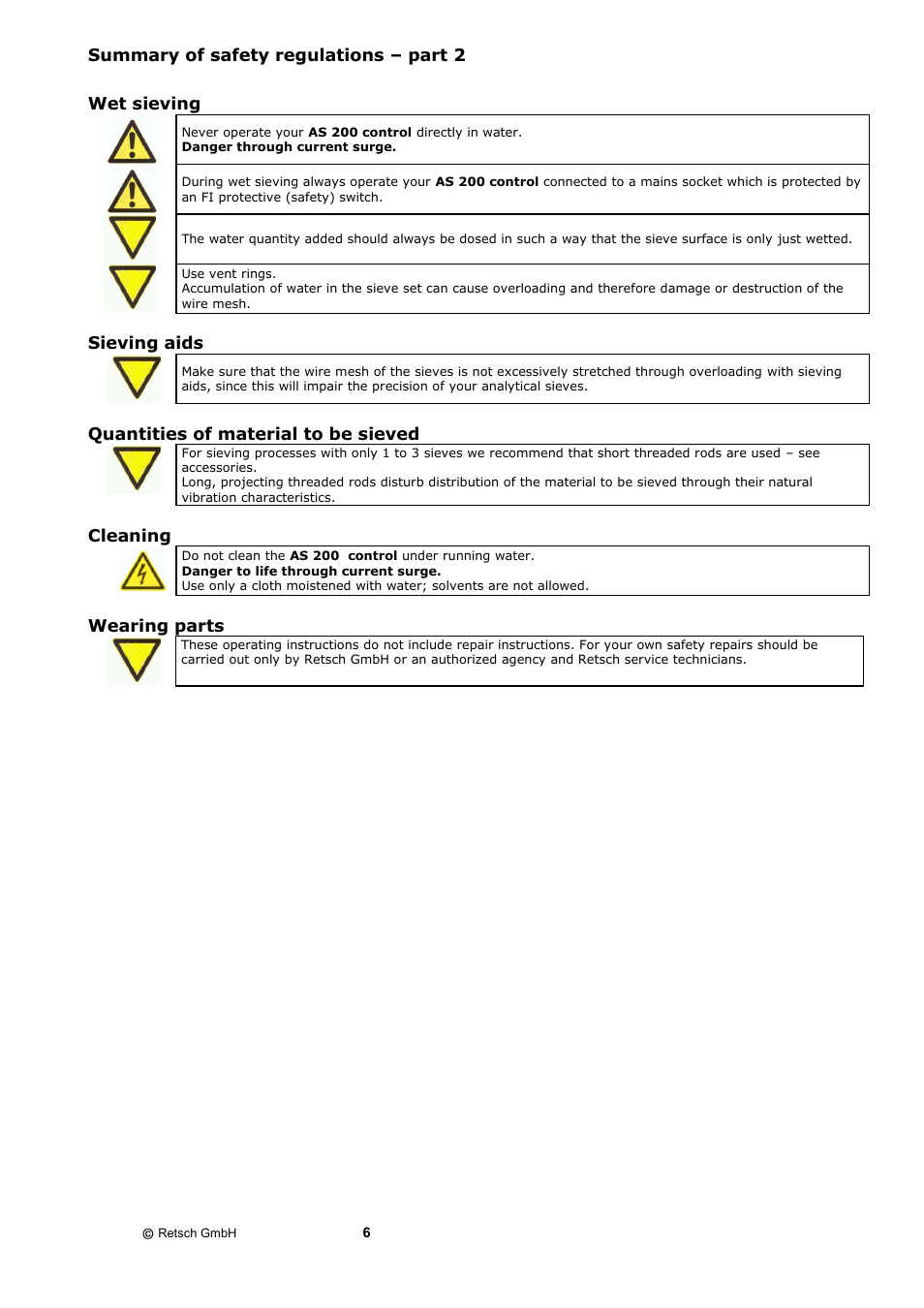 Summary of safety regulations – part 2, Summary of safety regulations – part 2 wet sieving, Sieving aids | Quantities of material to be sieved, Cleaning, Wearing parts | Retsch AS 200 control - natural frequency User Manual | Page 6 / 32