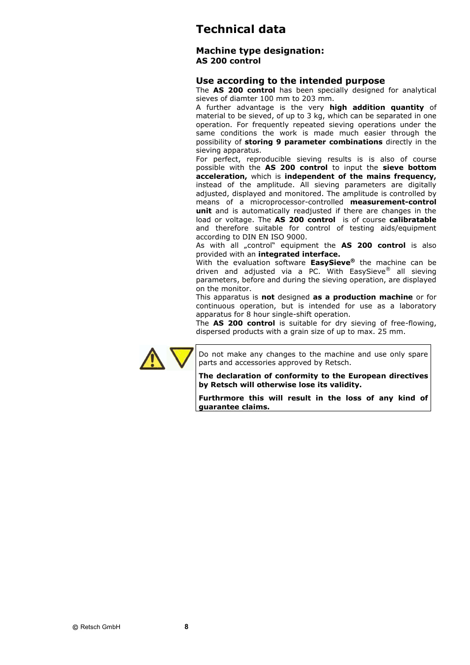 Technical data, Use according to the intended purpose | Retsch AS 200 control - natural frequency User Manual | Page 8 / 32