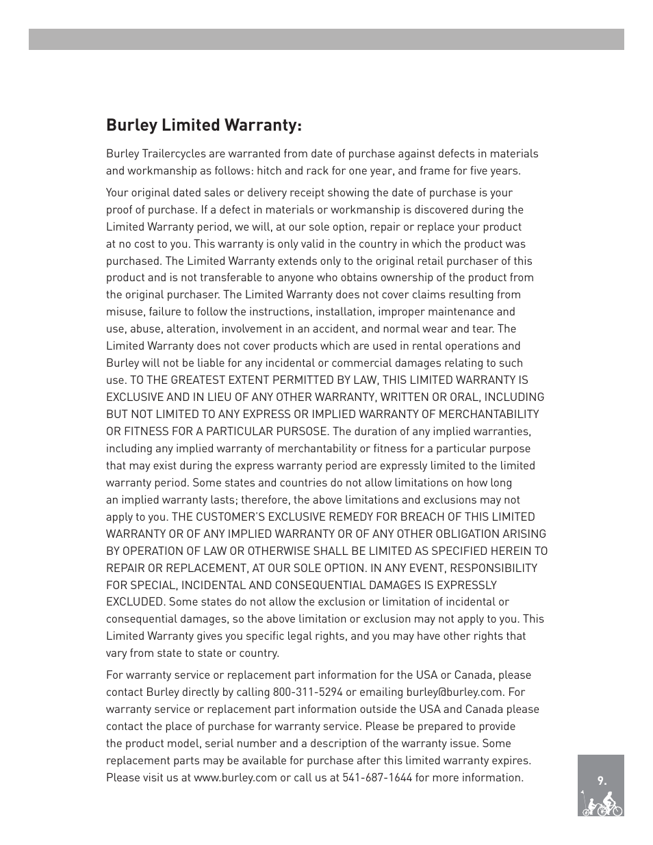 Burley limited warranty | Burley Kazoo User Manual | Page 11 / 12