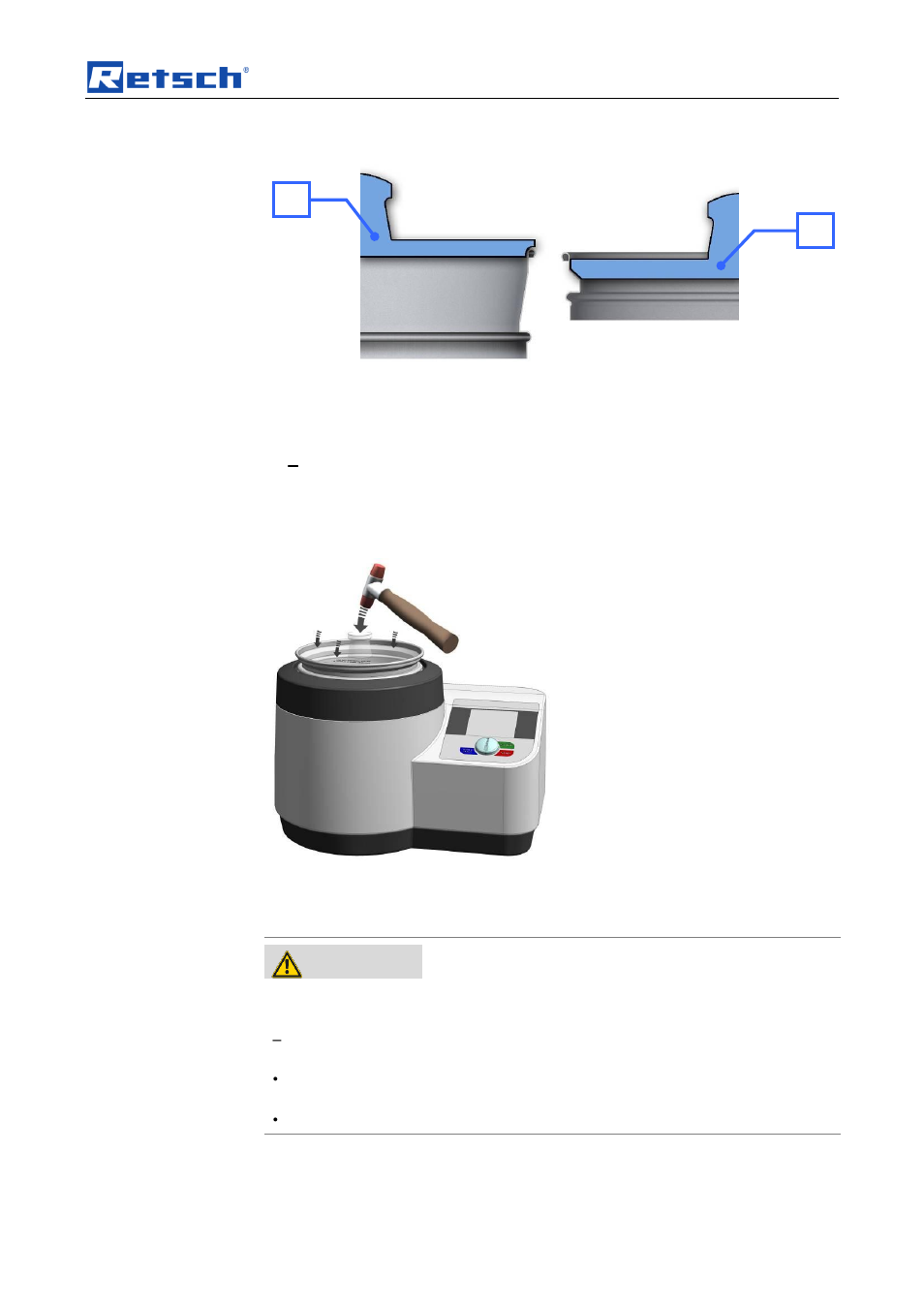 Operating the machine, 7 soft-faced mallet – application and use, Warning | Retsch AS 200 jet User Manual | Page 23 / 56