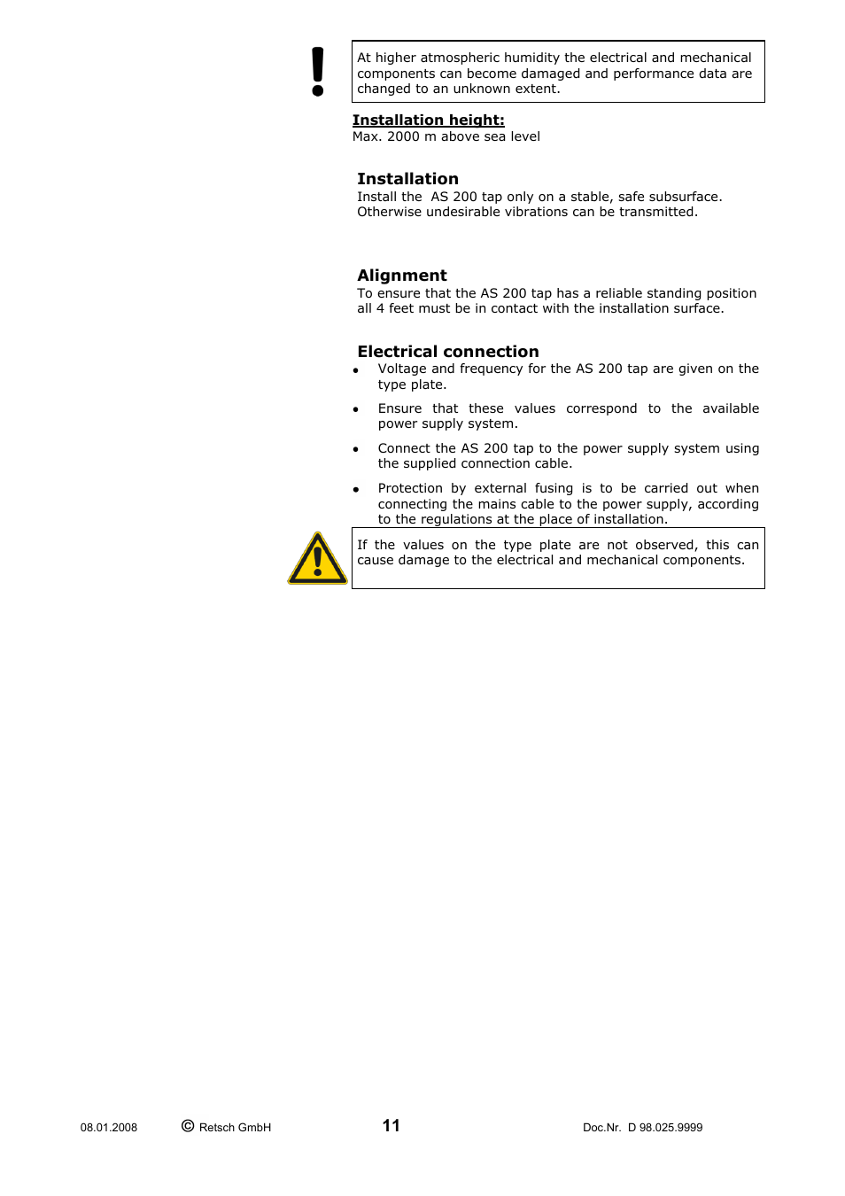 Installation alignment electrical connection | Retsch AS 200 tap 30.025.0001 User Manual | Page 11 / 28