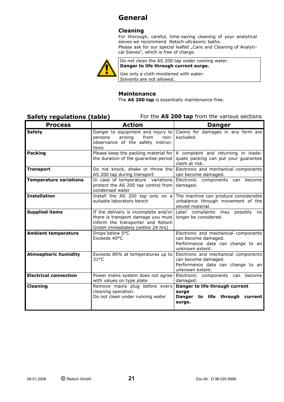 General, Cleaning maintenance safety regulations (table), Safety regulations (table) | Process action danger | Retsch AS 200 tap 30.025.0001 User Manual | Page 21 / 28