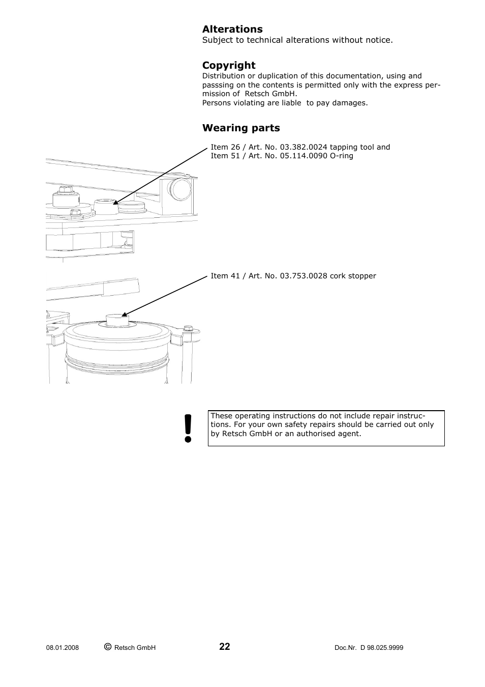 Alterations copyright wearing parts | Retsch AS 200 tap 30.025.0001 User Manual | Page 22 / 28