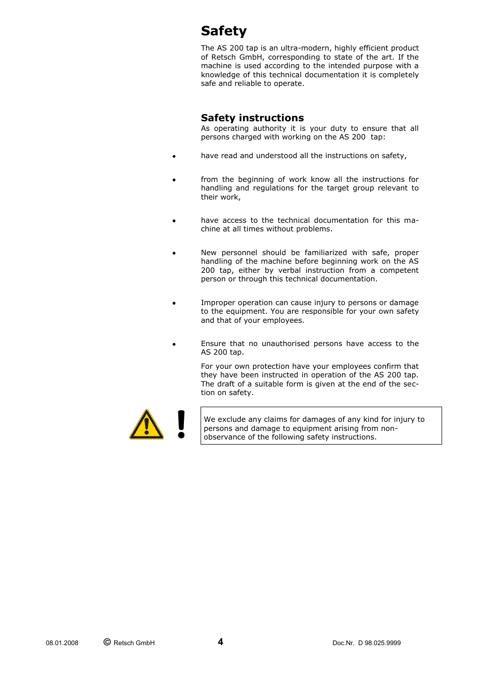 Safety, Safety instructions | Retsch AS 200 tap 30.025.0001 User Manual | Page 4 / 28