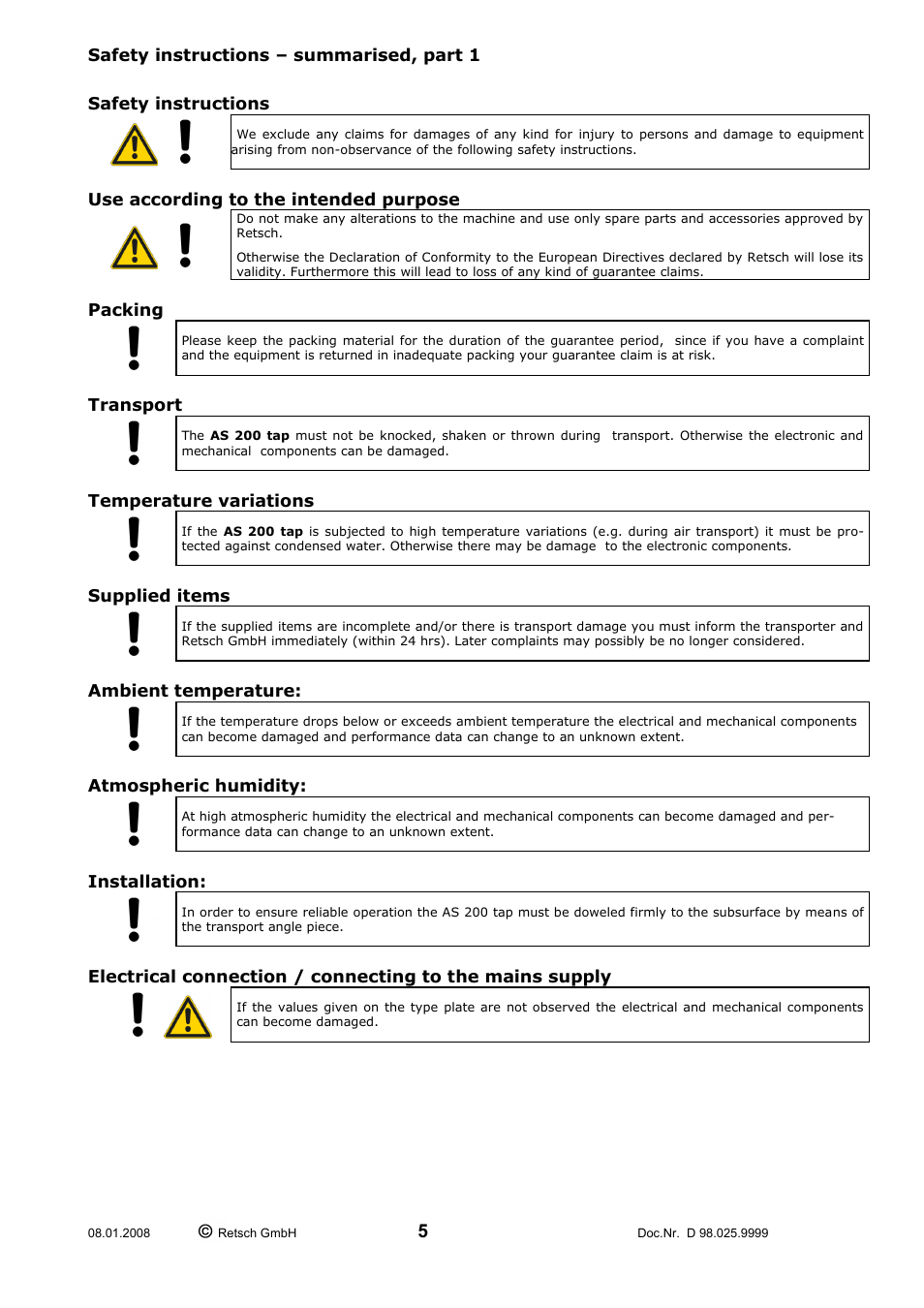 Safety instructions – summarised, part 1 | Retsch AS 200 tap 30.025.0001 User Manual | Page 5 / 28