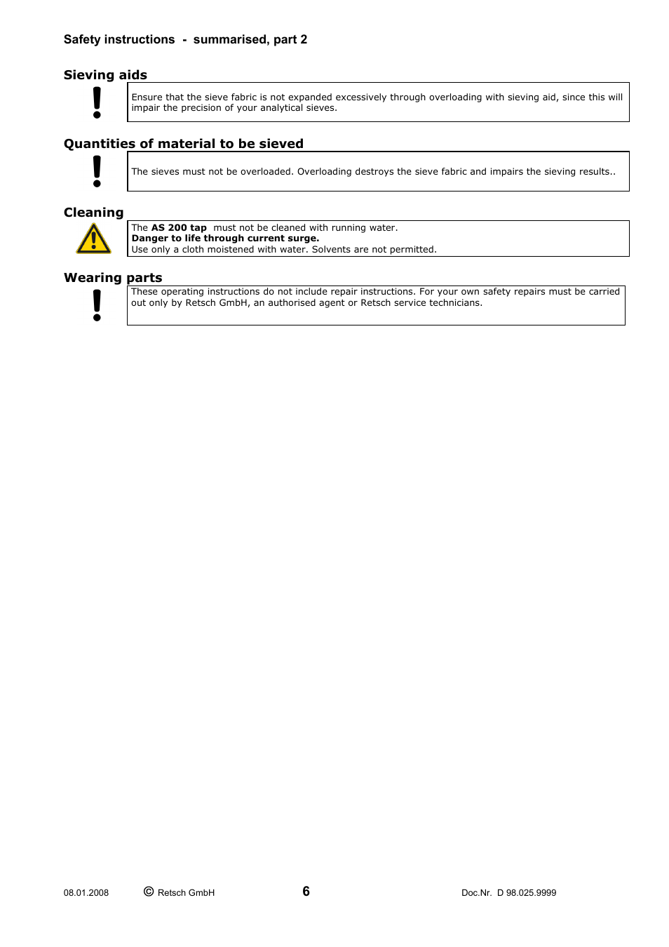 Safety instructions - summarised, part 2 | Retsch AS 200 tap 30.025.0001 User Manual | Page 6 / 28