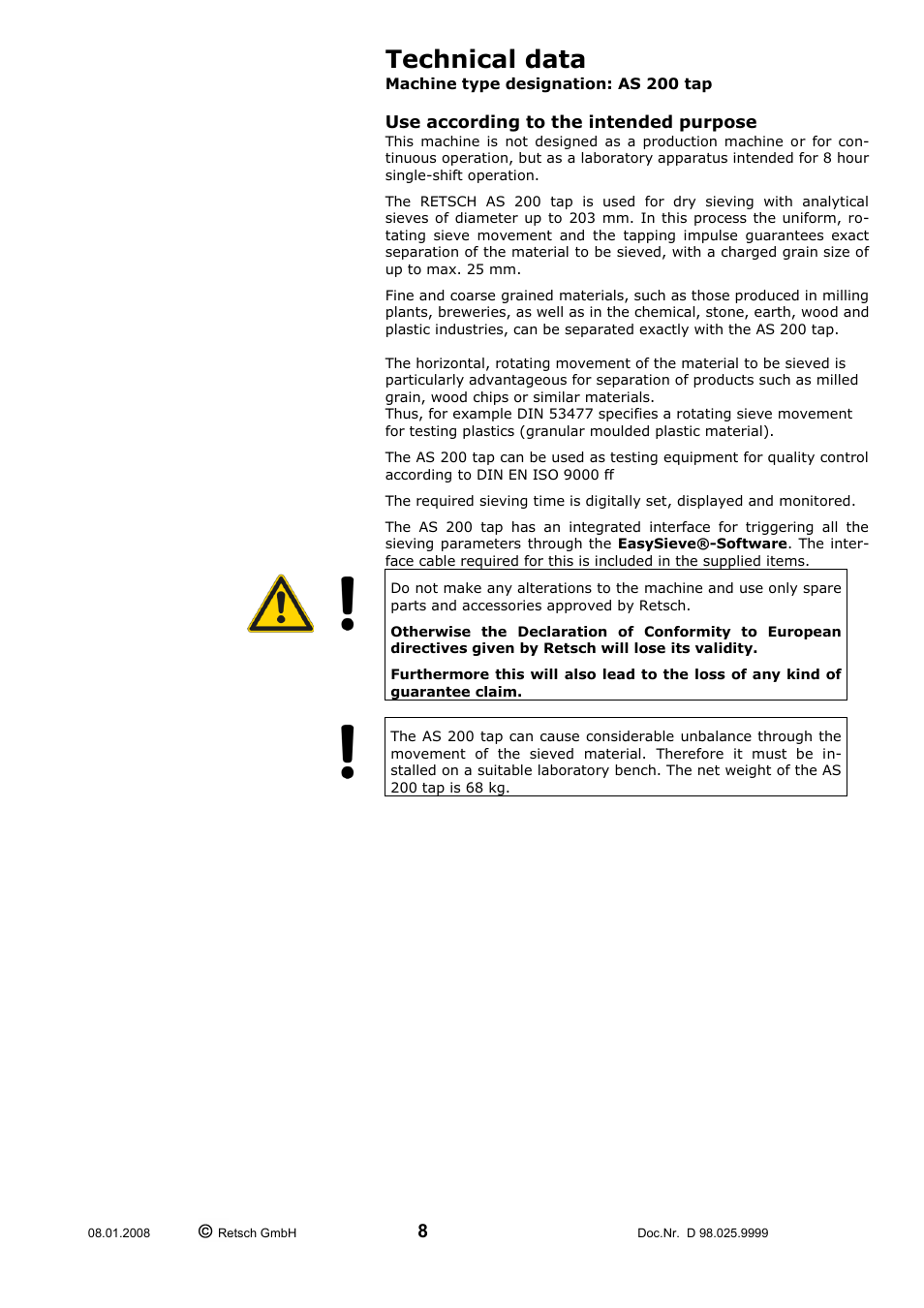 Technical data, Use according to the intended purpose | Retsch AS 200 tap 30.025.0001 User Manual | Page 8 / 28