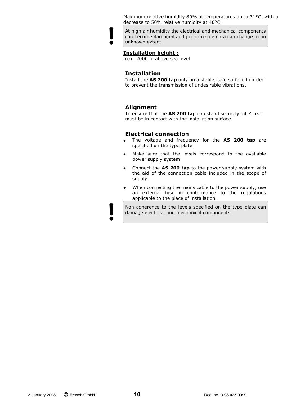 Installation, Alignment, Electrical connection | Retsch AS 200 tap 30.025.1001 User Manual | Page 10 / 28