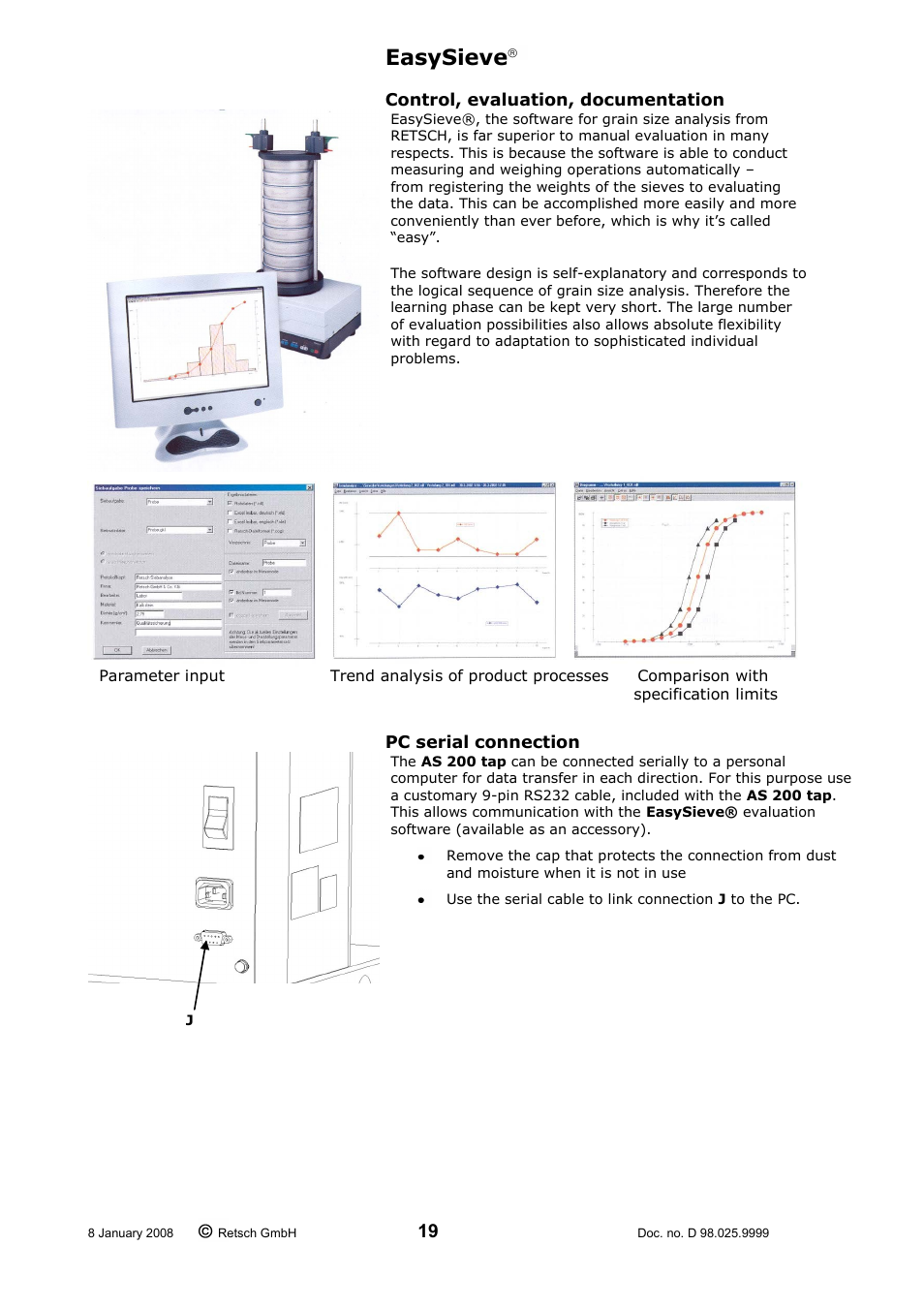 Easysieve, Control, evaluation, documentation, Pc serial connection | Retsch AS 200 tap 30.025.1001 User Manual | Page 19 / 28