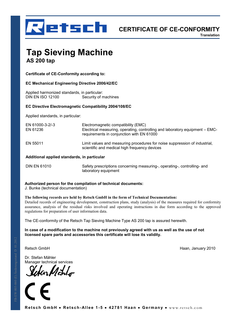 Tap sieving machine, Certificate of ce-conformity, As 200 tap | Retsch AS 200 tap 30.025.1001 User Manual | Page 25 / 28
