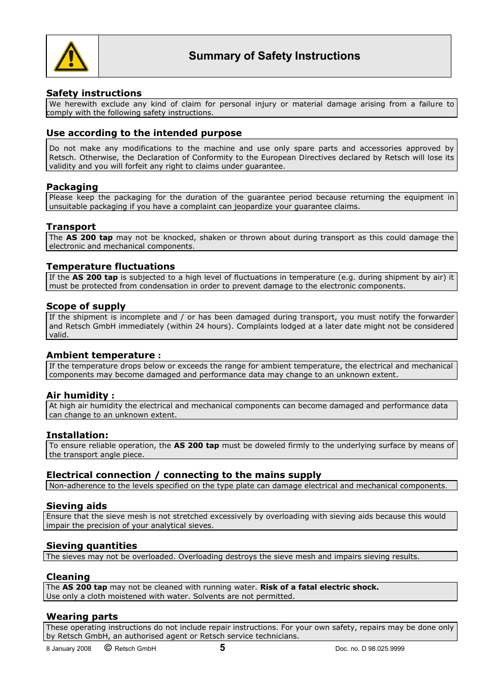 Summary of safety instructions | Retsch AS 200 tap 30.025.1001 User Manual | Page 5 / 28