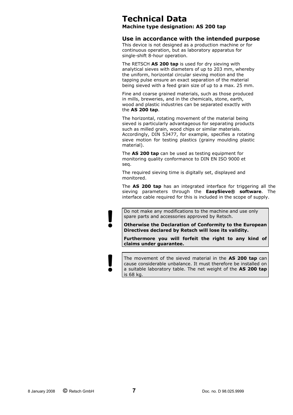 Technical data, Use in accordance with the intended purpose | Retsch AS 200 tap 30.025.1001 User Manual | Page 7 / 28
