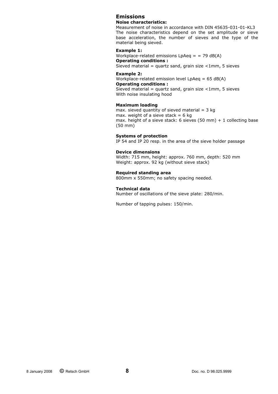 Emissions, Maximum loading, Systems of protection | Device dimensions, Required standing area, Technical data | Retsch AS 200 tap 30.025.1001 User Manual | Page 8 / 28