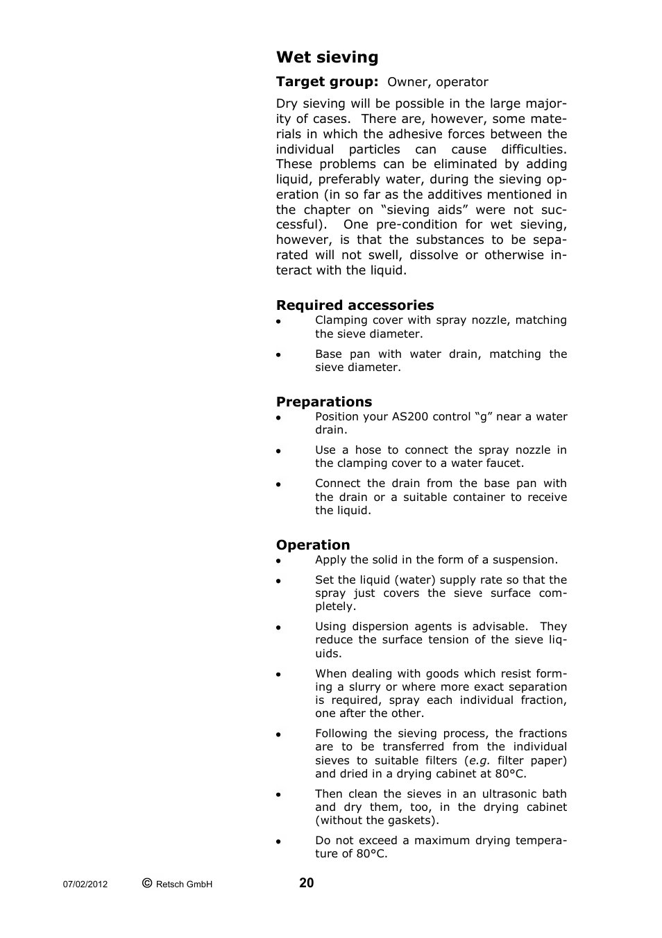 Wet sieving, Required accessories preparations operation | Retsch AS 300 User Manual | Page 20 / 32
