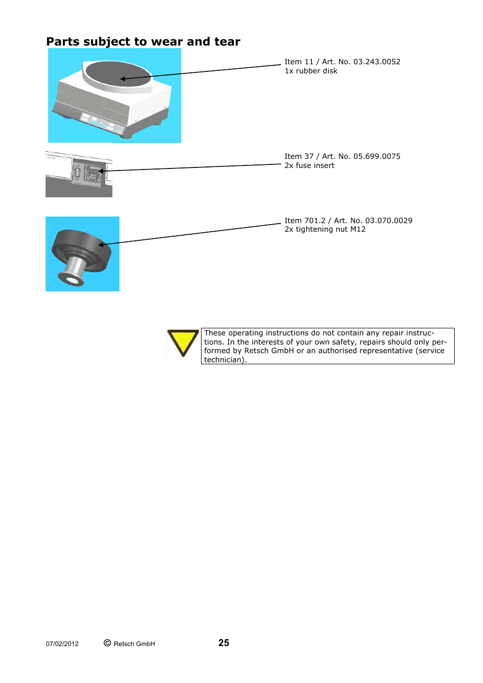 Parts subject to wear and tear | Retsch AS 300 User Manual | Page 25 / 32