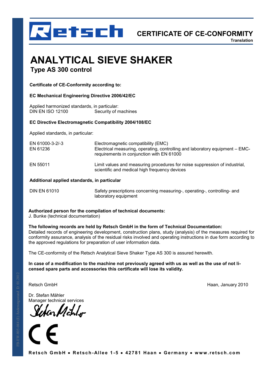 Analytical sieve shaker, Certificate of ce-conformity, Type as 300 control | Retsch AS 300 User Manual | Page 29 / 32