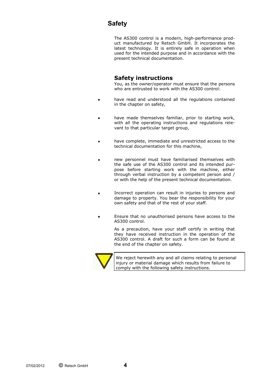 Safety, Safety instructions | Retsch AS 300 User Manual | Page 4 / 32