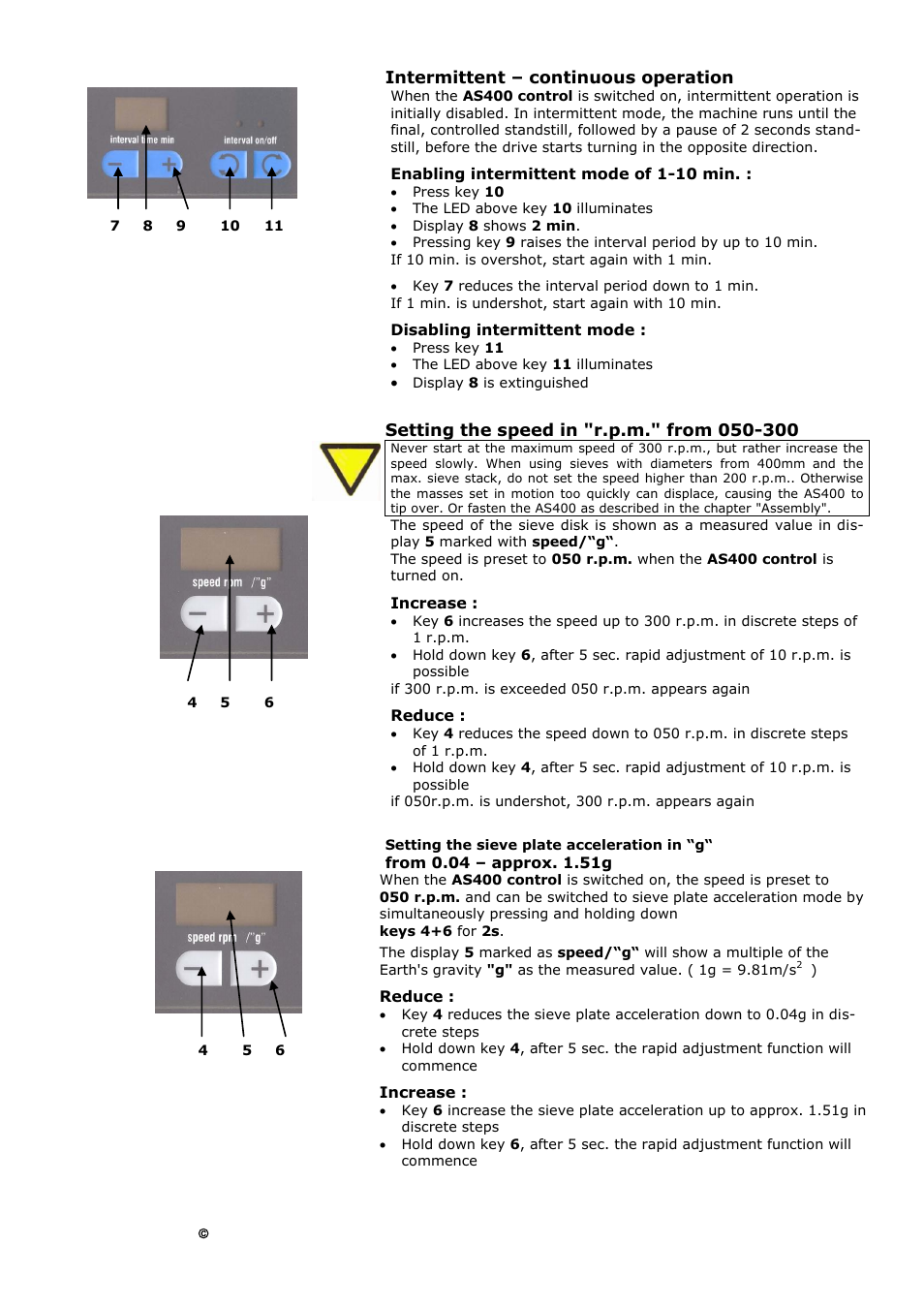 Intermittent, Continuous operation, Setting the speed in "r.p.m." from 050-300 | Retsch AS 400 User Manual | Page 17 / 32