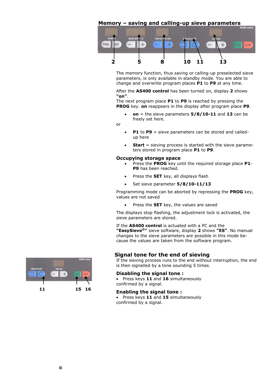 Memory, Saving and calling-up sieve parameters, Signal tone for the end of sieving | Retsch AS 400 User Manual | Page 18 / 32