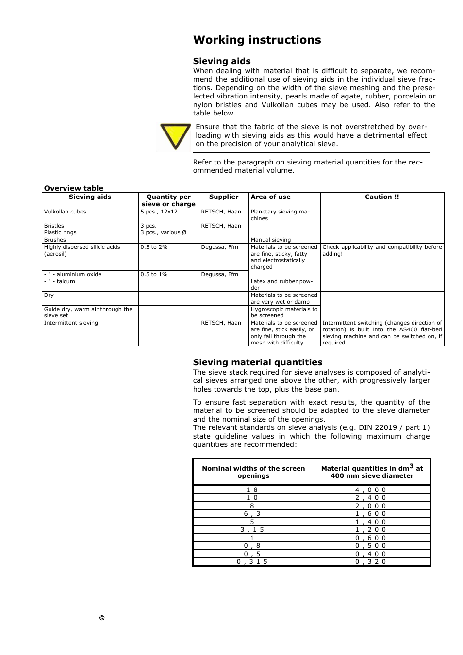 Working instructions, Sieving aids sieving material quantities, Sieving aids | Sieving material quantities | Retsch AS 400 User Manual | Page 21 / 32