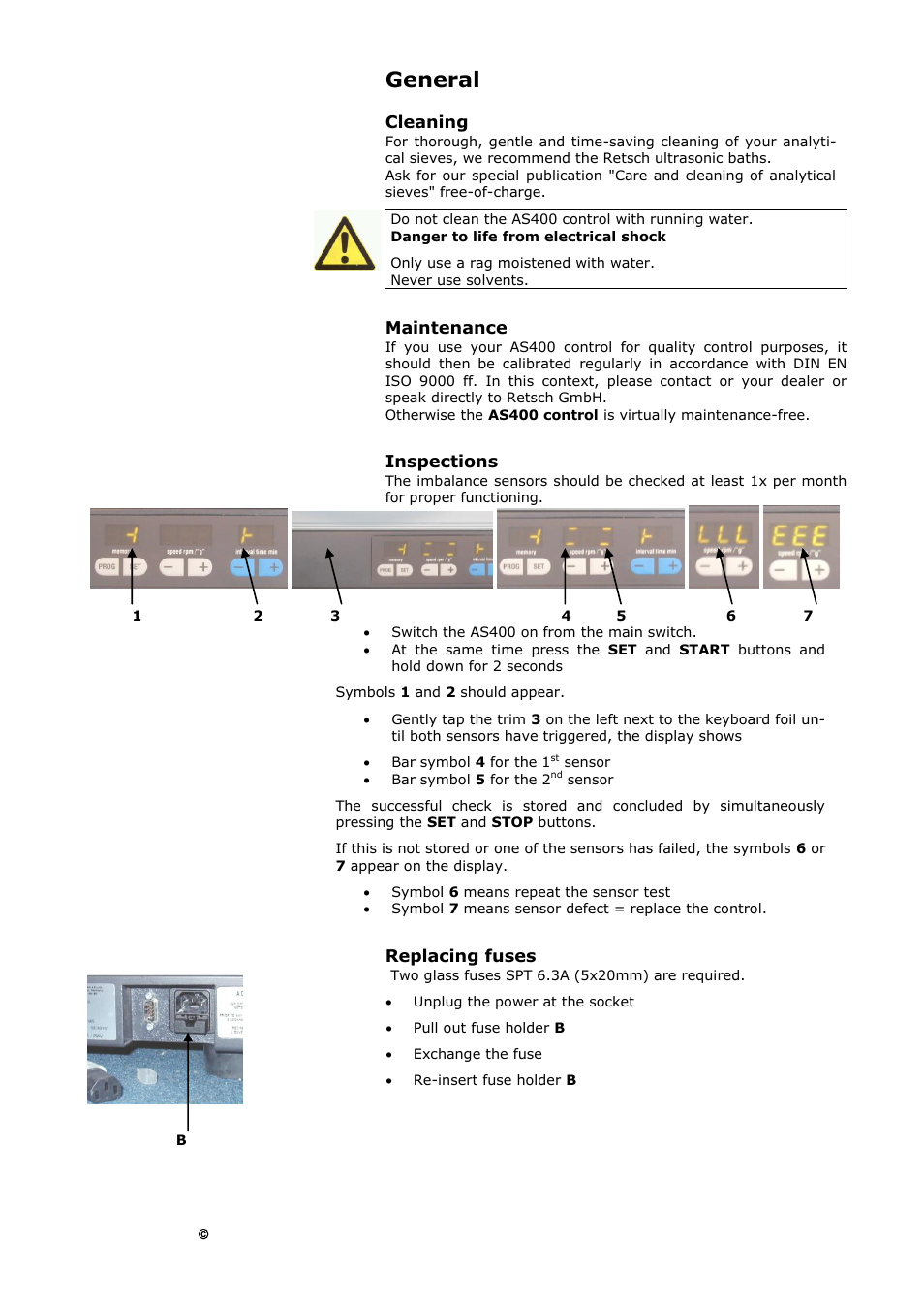 General, Cleaning maintenance inspections replacing fuses | Retsch AS 400 User Manual | Page 23 / 32