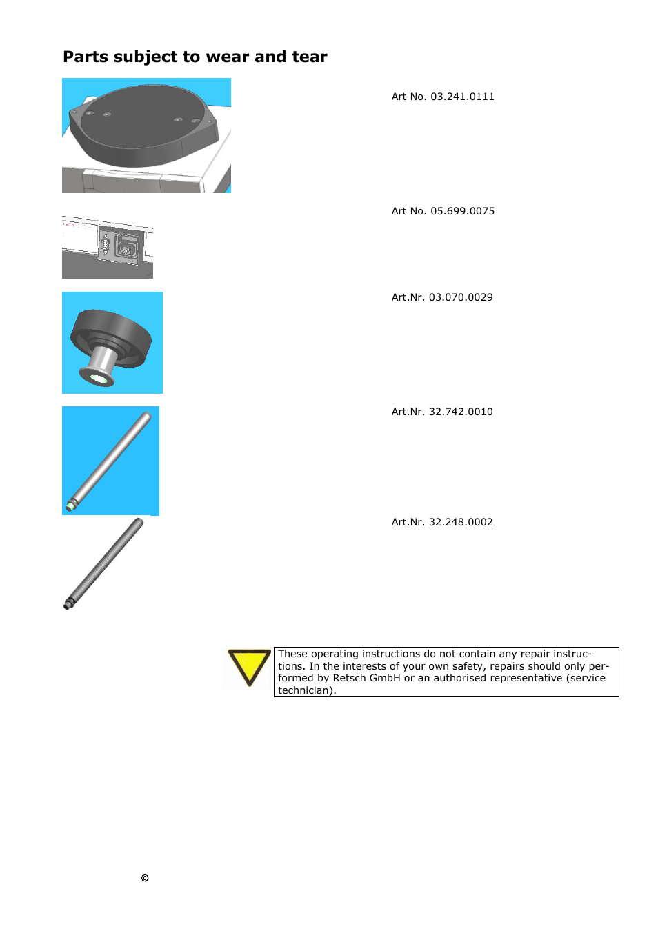 Parts subject to wear and tear | Retsch AS 400 User Manual | Page 25 / 32