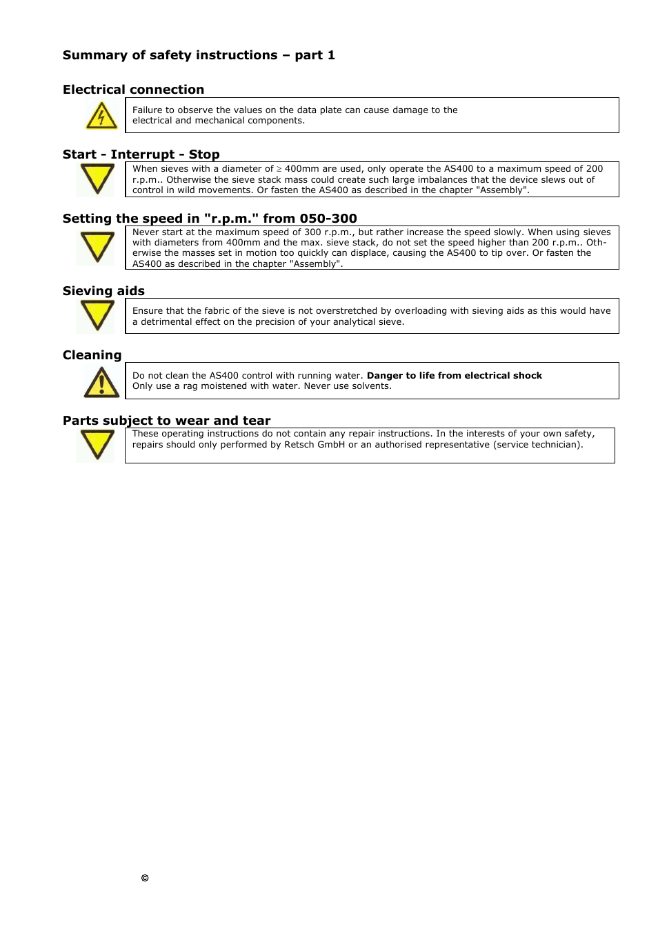 Summary of safety instructions, Part 1, Start - interrupt - stop | Sieving aids, Cleaning, Parts subject to wear and tear | Retsch AS 400 User Manual | Page 6 / 32
