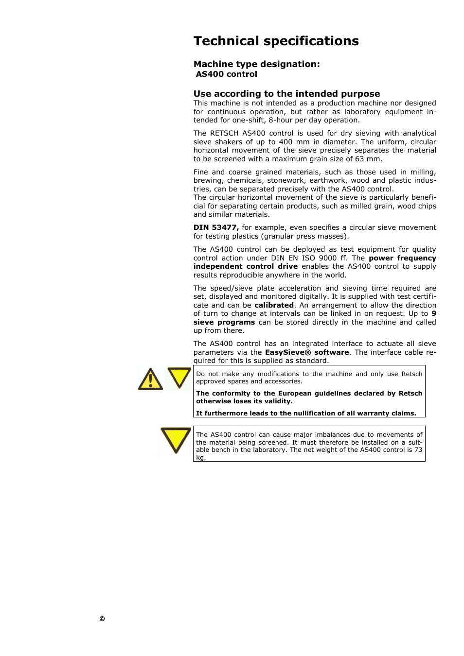 Technical specifications, Use according to the intended purpose | Retsch AS 400 User Manual | Page 8 / 32