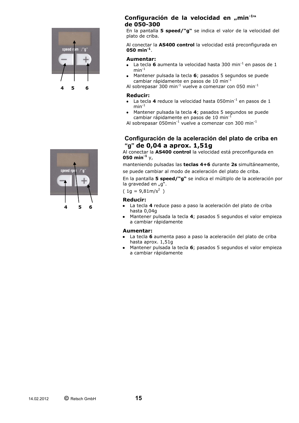 Configuración de la velocidad en „min, De 050-300 | Retsch AS 400 User Manual | Page 15 / 28