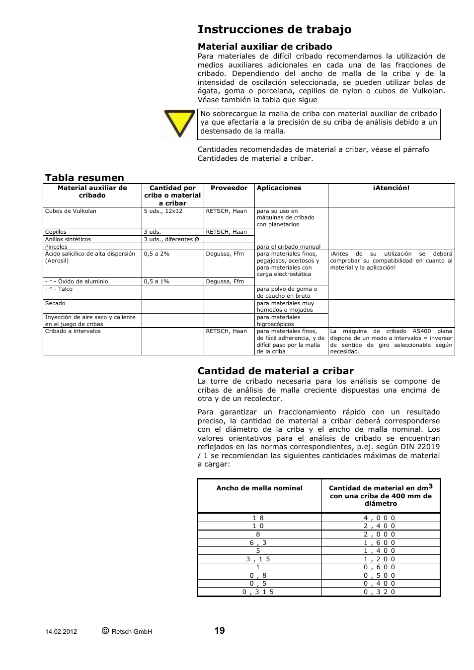Instrucciones de trabajo, Tabla resumen, Cantidad de material a cribar | Material auxiliar de cribado | Retsch AS 400 User Manual | Page 19 / 28