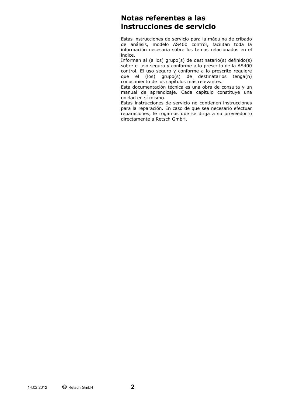 Notas referentes a las instrucciones de servicio | Retsch AS 400 User Manual | Page 2 / 28