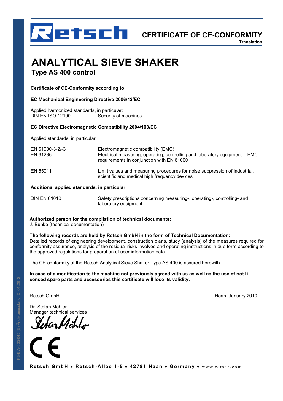 Analytical sieve shaker, Certificate of ce-conformity, Type as 400 control | Retsch AS 400 User Manual | Page 25 / 28