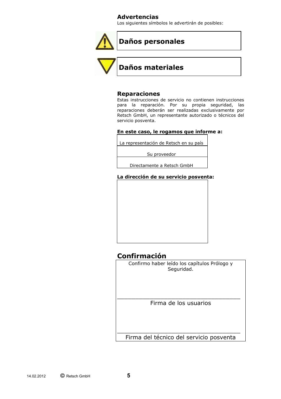 Advertencias reparaciones confirmación, Daños personales, Daños materiales | Confirmación | Retsch AS 400 User Manual | Page 5 / 28